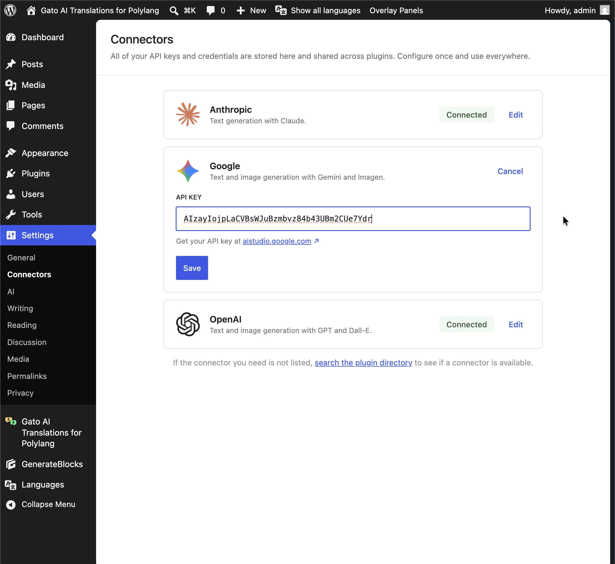 Klucze API dla Anthropic, Google i OpenAI są pobierane z WordPress AI Connectors
