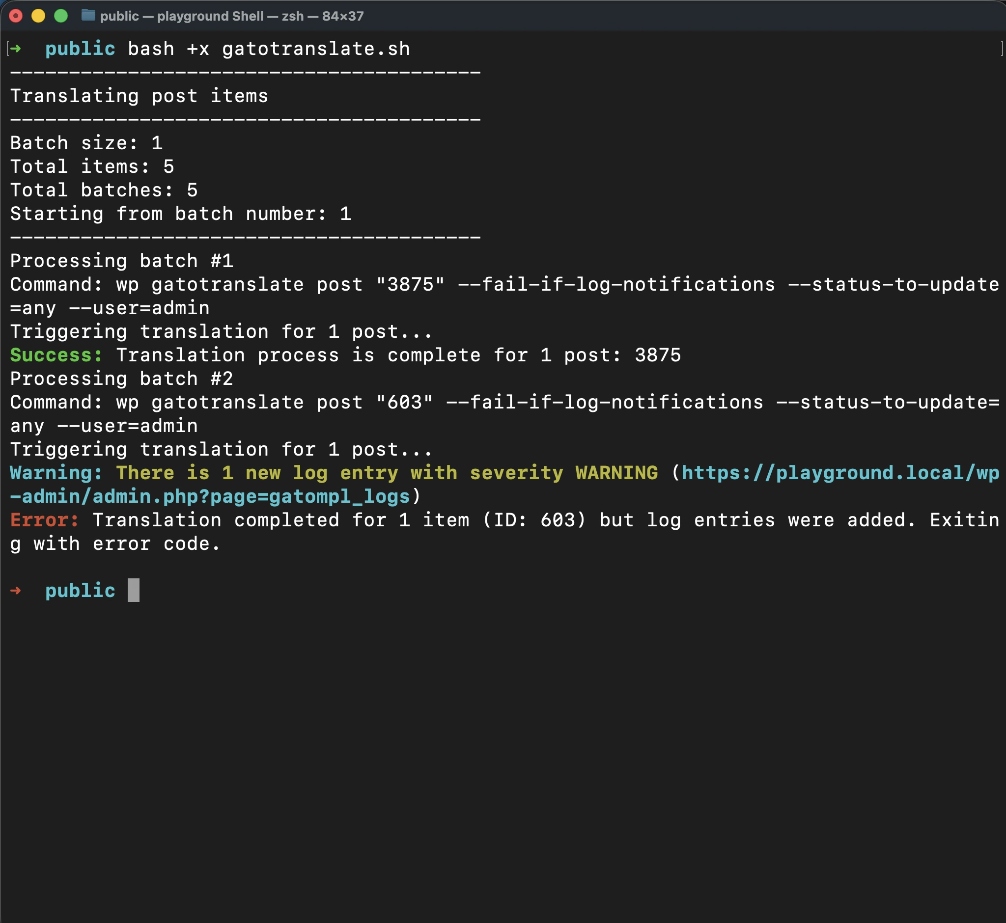 Wykonywanie skryptu 'gatotranslate.sh' z parametrem '--fail-if-log-notifications'