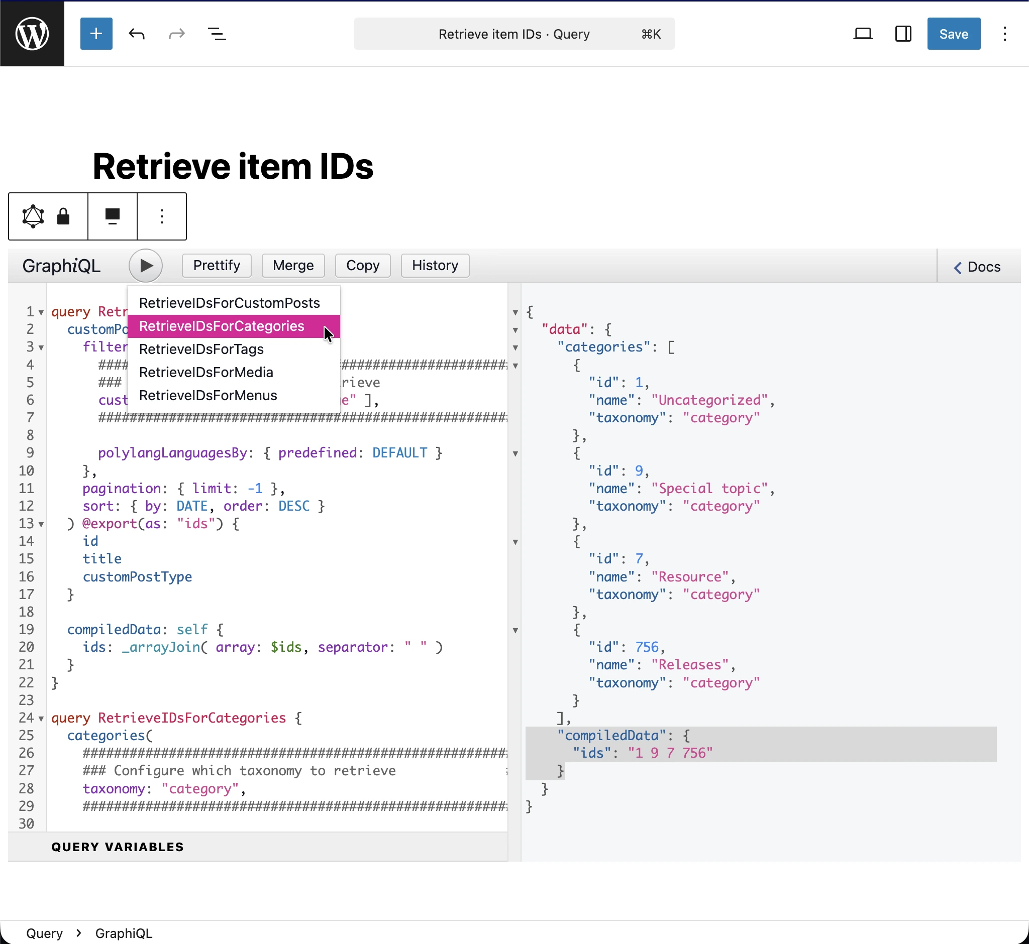 Wykonywanie query 'Retrieve item IDs'