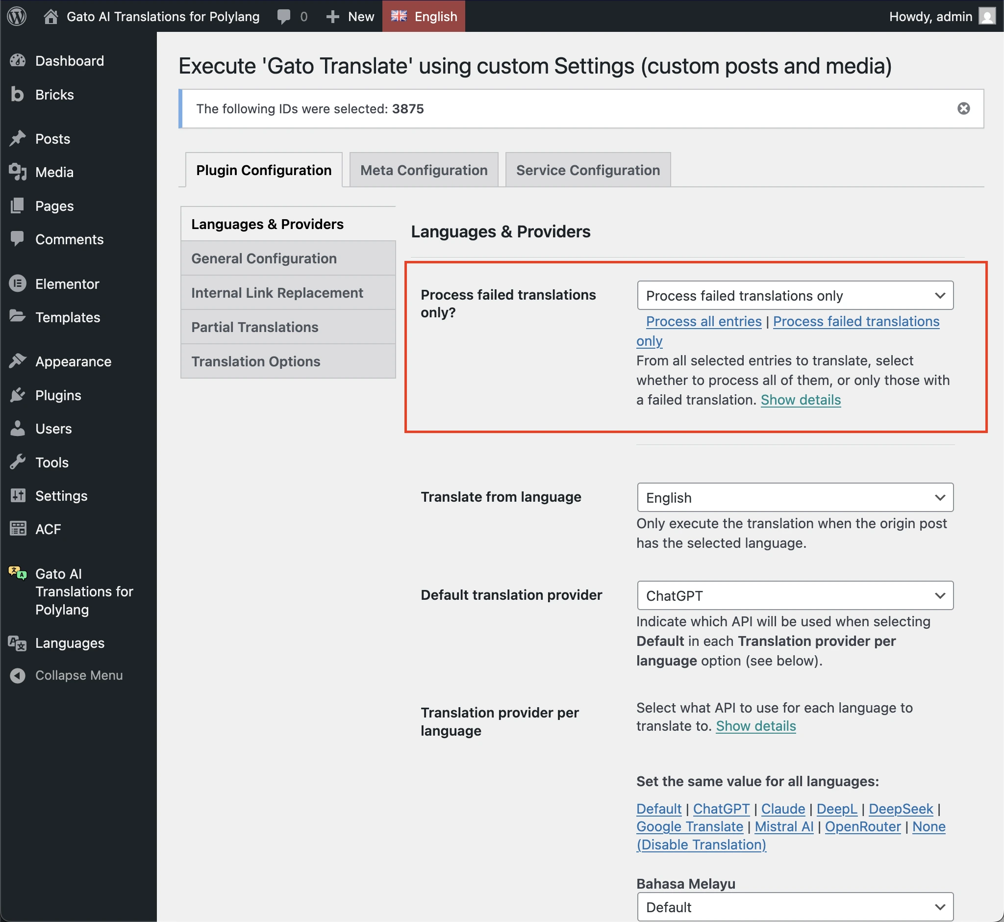 Wybieranie opcji 'Process failed translations only' na stronie Settings 'Gato Translate (Custom)'