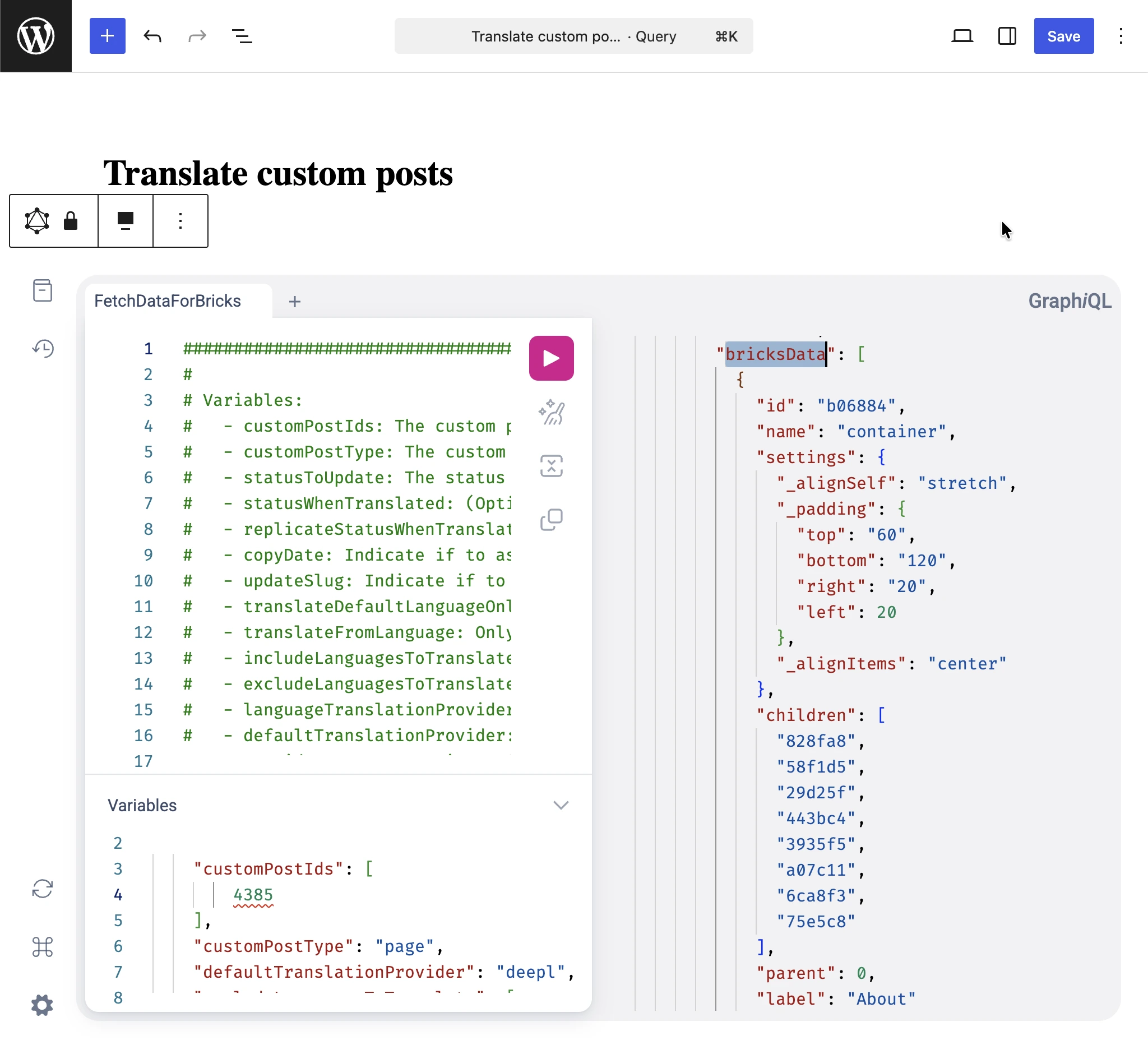 Inspekcja bricksData w odpowiedzi GraphQL zapytania Translate custom posts