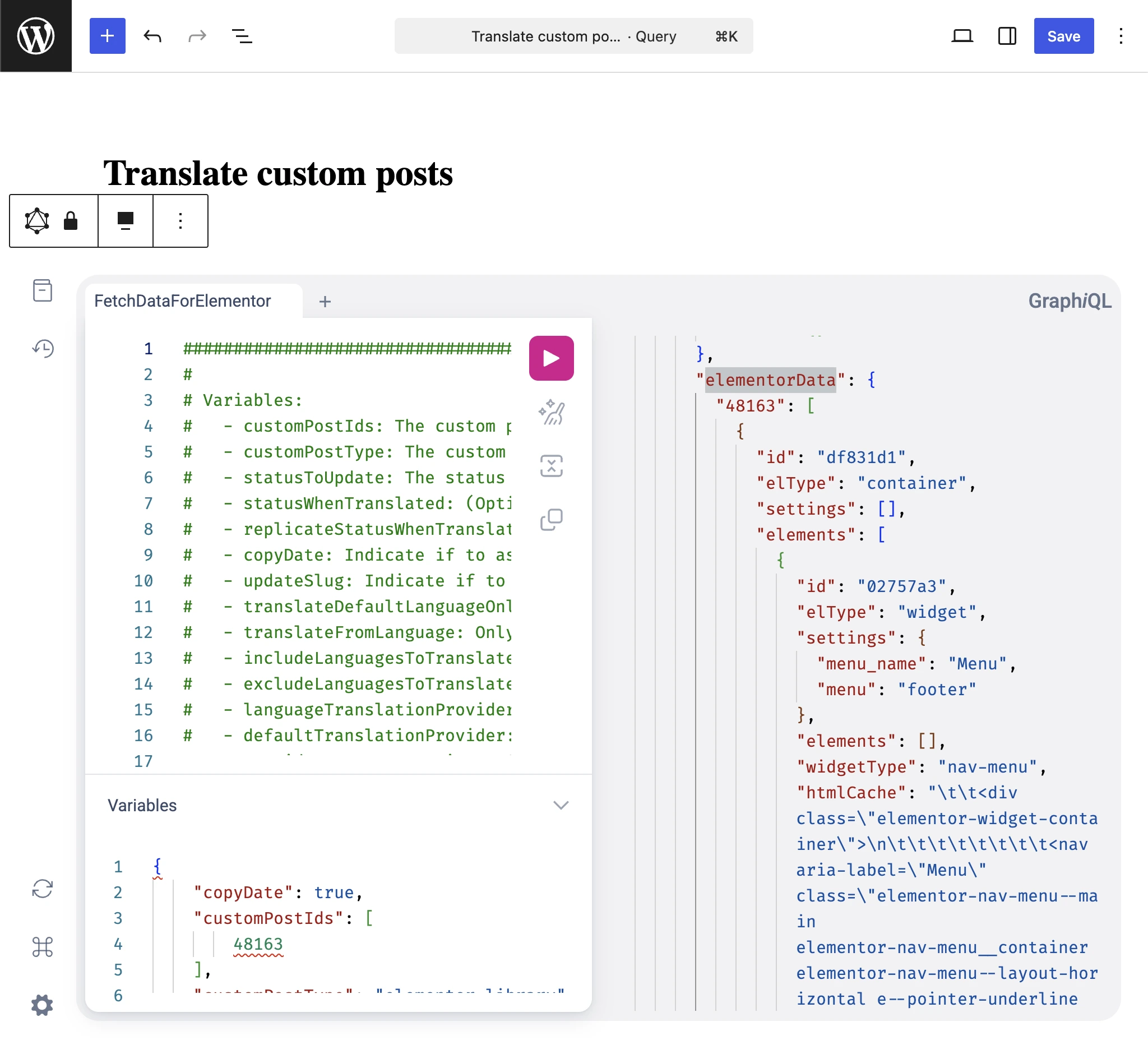 Przeglądanie elementorData w odpowiedzi GraphQL zapytania Translate custom posts