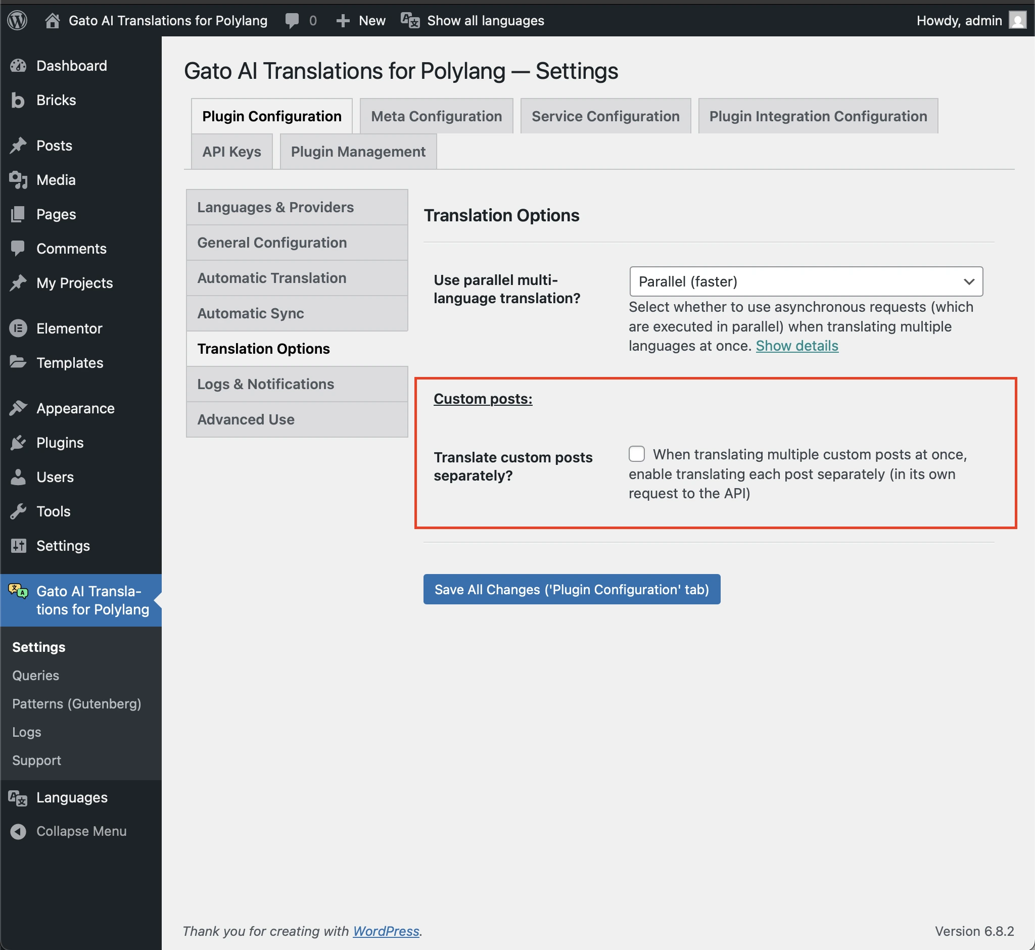 Opcja 'Translate custom posts separately?' w Ustawieniach