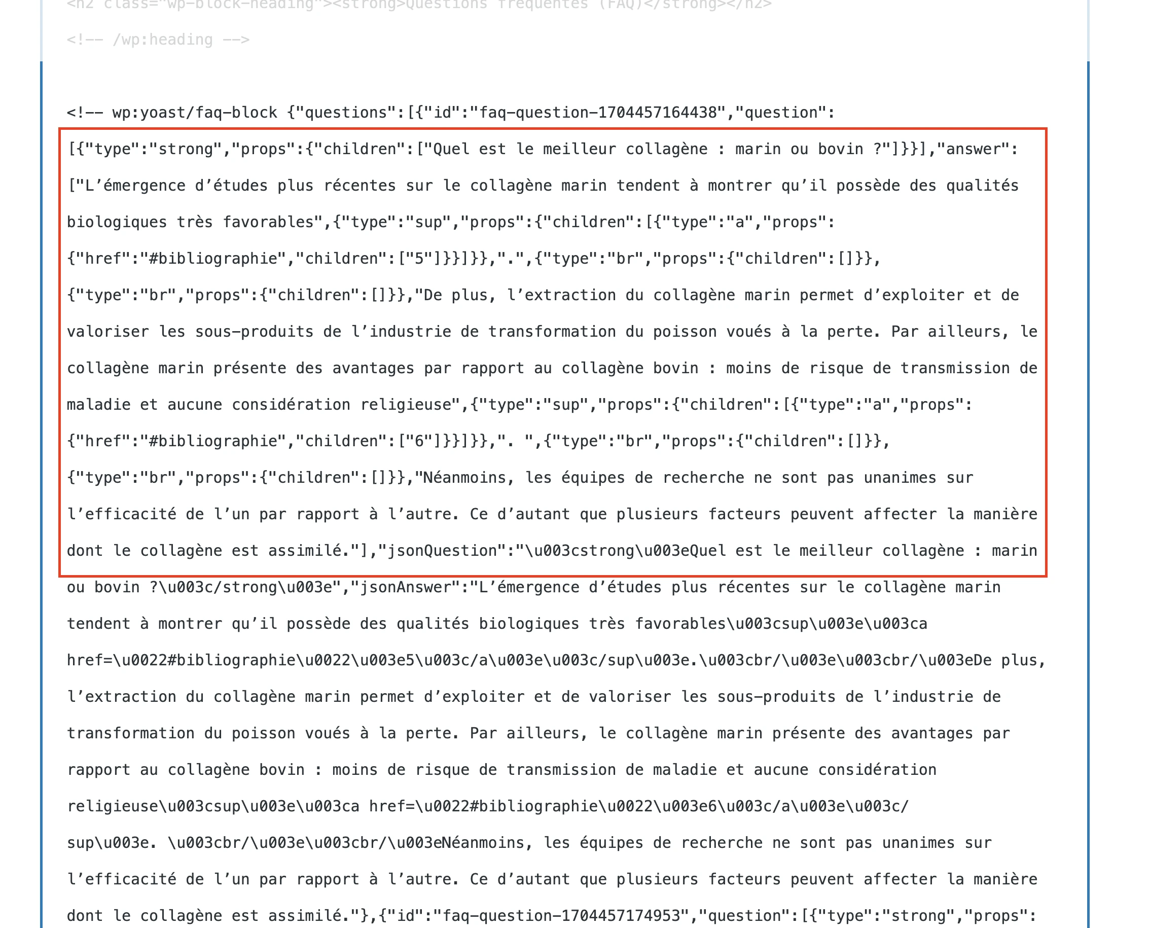 Kod bloku Yoast FAQ z tagami HTML