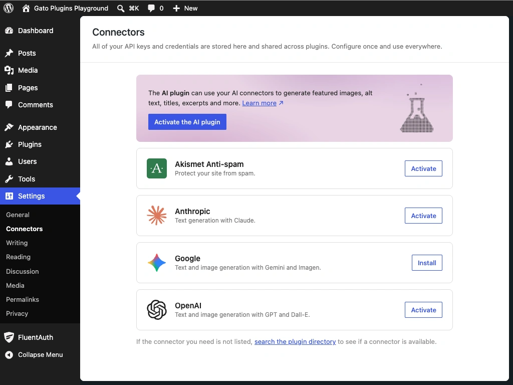 Ekran administracyjny konektorów AI WordPress